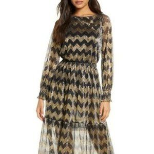 NWT Eliza J Metallic Chevron Stripe Long Sleeve Maxi Dress Sz 14
